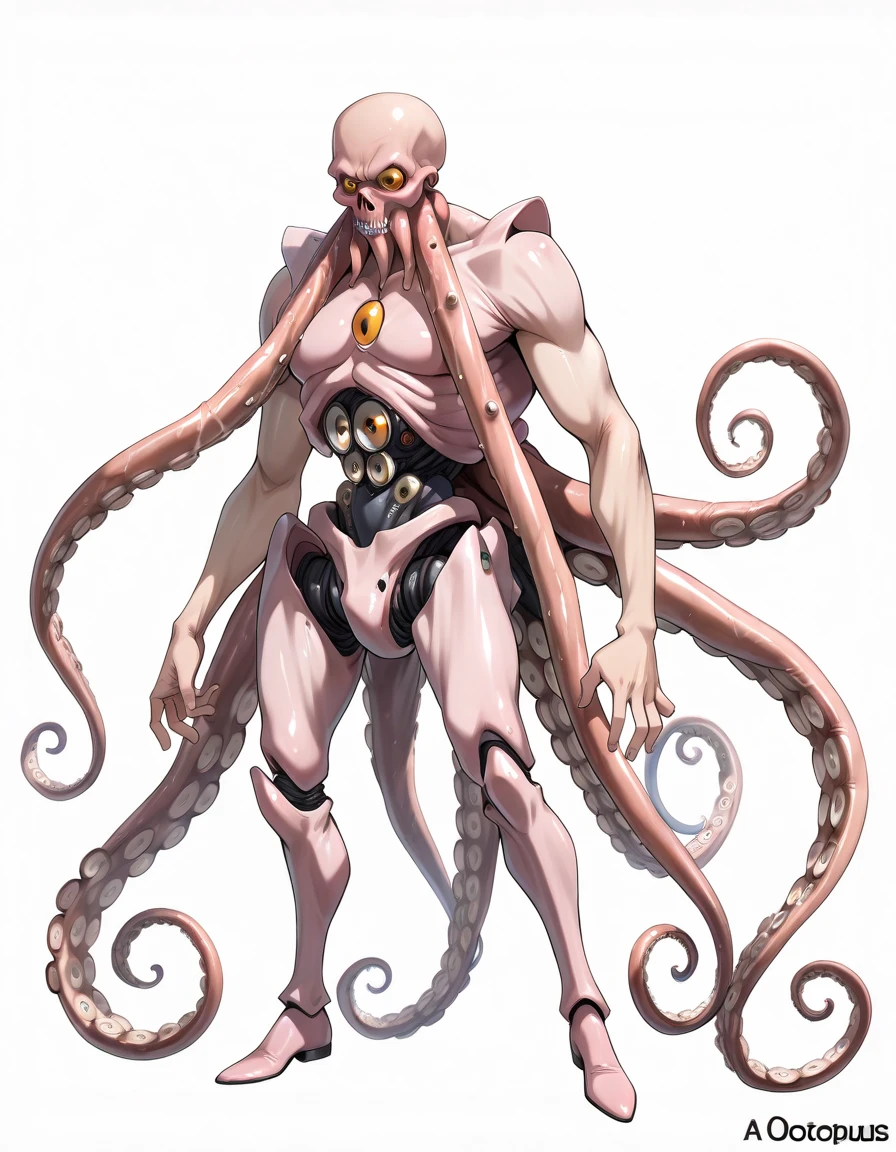 Femboy, long pink octopus hair, detailed octopus strands, gigantic muscular body, 4 arms, full body.
