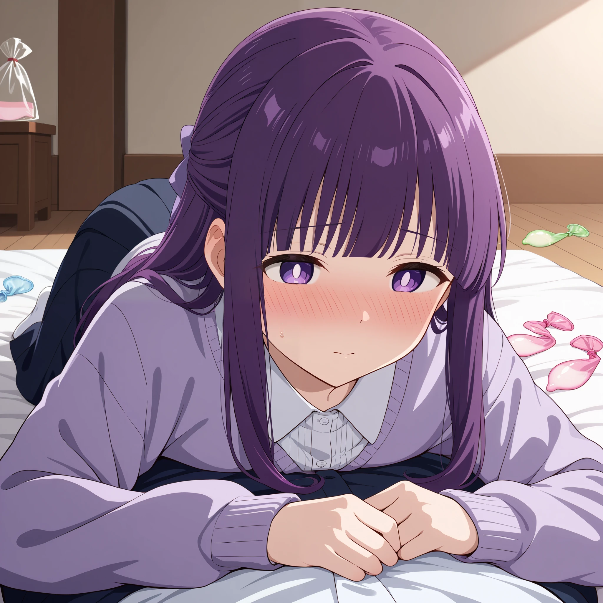 fern, long hair, bangs, purple eyes, purple hair, bright pupils, half updo、unkown clothes、bagged underwear、 touches chest、big on the floor、bedroom、lie down on the bed、used condom that fell to the floor、Nose blush、long sleeves