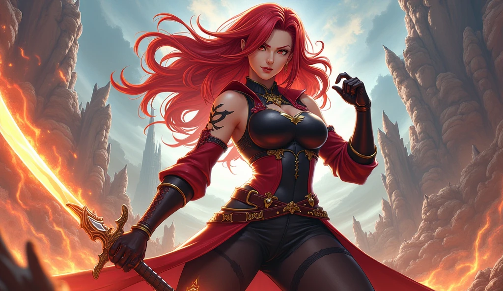 A fierce girl with fiery red hair, adorned in tribal face paint, standing atop a mountain peak with a storm brewing in the background. Rendered in a bold, abstract style.