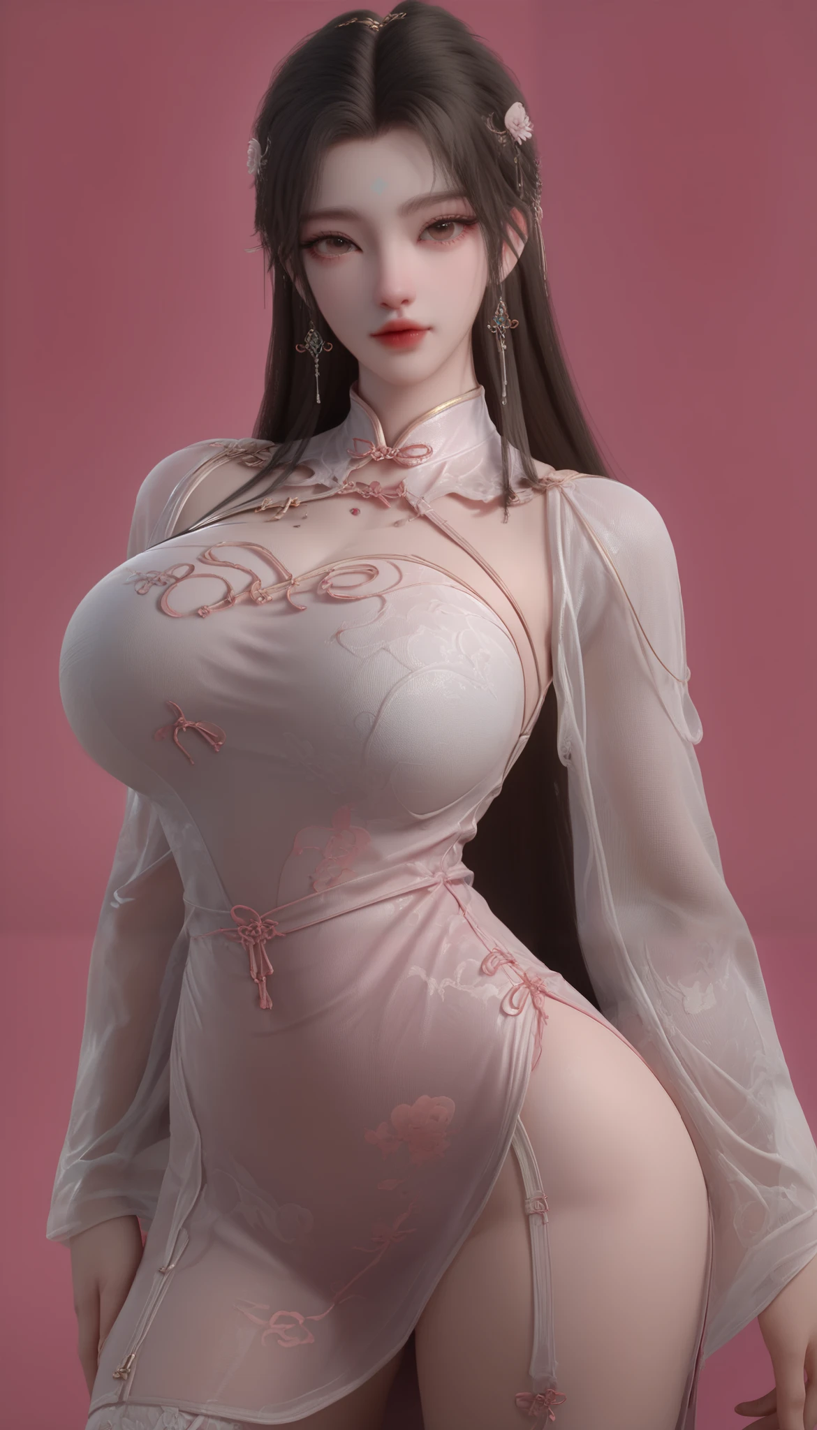 solo,long hair,brown eyes,black hair,garter belt,big breasts,round breasts,1 girl,heterosexual,focus on women,close up,concept art,pink cheongsam,short cheongsam,see-through cheongsam,pale skin,beautiful face,white skin,simple background,pink background,big butt,no pants,no panties,bare lower body,score_9,score_8_up,score_7_up,,score_6_up,score_5_up,score_4_up,