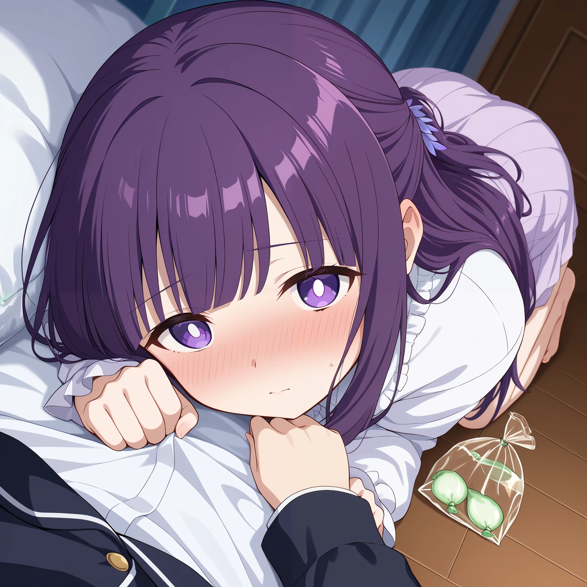 fern, long hair, bangs, purple eyes, purple hair, bright pupils, half updo、unkown clothes、bagged underwear、 touches chest、big on the floor、bedroom、lie down on the bed、used condom that fell to the floor、Nose blush、long sleeves