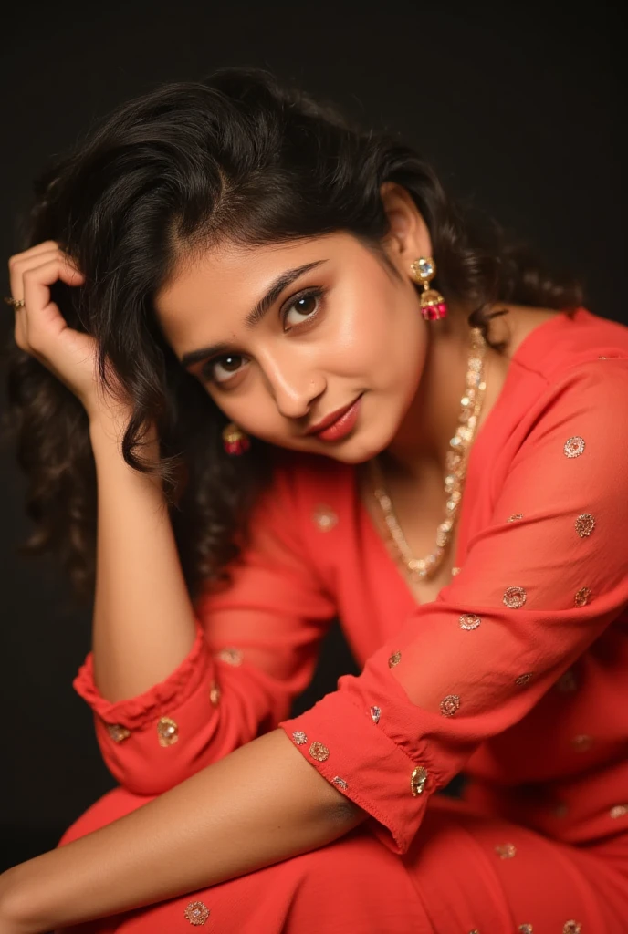 A beautiful Indian girl cute smile (realistic,photorealistic:1.37),ultra-detailed,(best quality,4k,8k,highres,masterpiece:1.2),portrait,Indian girl,black dress,long black hair,sweet smile,sparkling eyes,rosy cheeks,traditional earrings,delicate nose ring,vivid colors,warm lighting,shadows,vibrant background