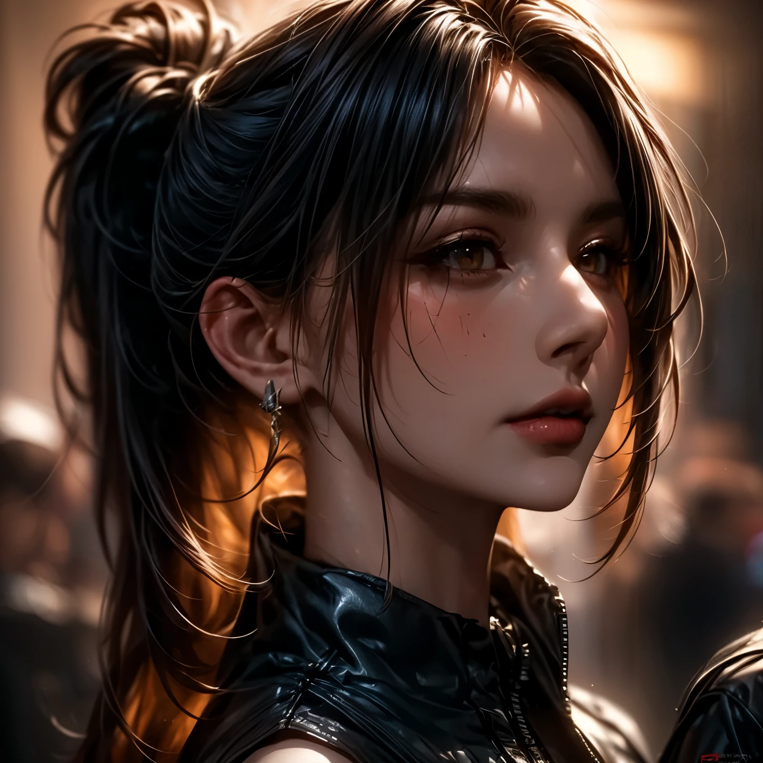 ((extreme quality)), ((Masterpiece)), ((Enrich the picture，Masterpiece level quality)), golden hair, high ponytail, very big breasts, golden eyes, fierce woman, ultra eyes details, RAW 4K, Realistically , ( cinematic lighting, moody, textile shading), perfect proportions, ultra detailed, volumetric lighting, soft lighting, glossy skin, beautiful face, Special face details, strong emotions, elegant gesture, Detailed facial features, Long eyelashes, contrast, Incredible atmosphere, Fascinating setting, Haunting beauty , cyberpunk , female , jacket, cloth,