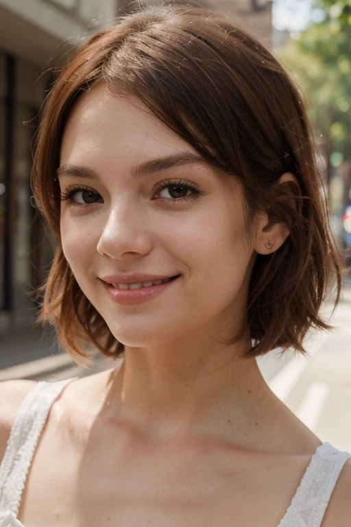AS-Young, a face picture of a young girl wearing a (top:1.2), brunette, short hair, ((front view)), cute smile, and a ((close up:1.3)), (looking at viewer:1.4), pale skin, slim body, background is Amsterdam, (high detailed skin:1.2), 8k uhd, dslr, soft lighting, high quality, film grain, Fujifilm XT3