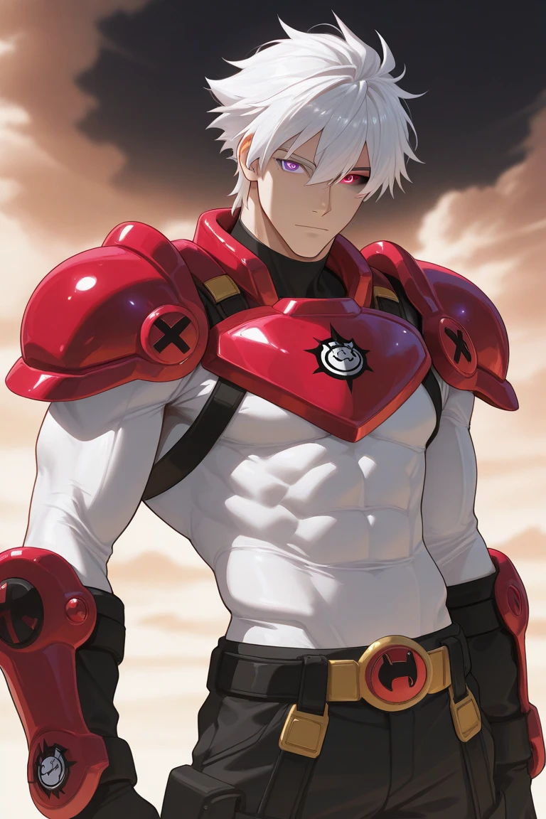 A young man with short gray hair, completely white skin, pale skin, resolute eyes, handsome face, serious expression, a metal collar around his neck, his upper body is bare, a slender yet muscular build, a purple demon tattoo is on his left shoulder, a black and white belt, cloth trousers, emitting a purple aura, he stands in a mining valley, the ground around him glowing red and cracking open, this character embodies a finely crafted fantasy-style slave warrior in anime style, exquisite and mature manga art style, dramatic, high definition, best quality, highres, ultra-detailed, ultra-fine painting, extremely delicate, professional, perfect body proportions, golden ratio, anatomically correct, symmetrical face, extremely detailed eyes and face, high quality eyes, creativity, RAW photo, UHD, 32k, Natural light, cinematic lighting, masterpiece-anatomy-perfect, masterpiece:1.5