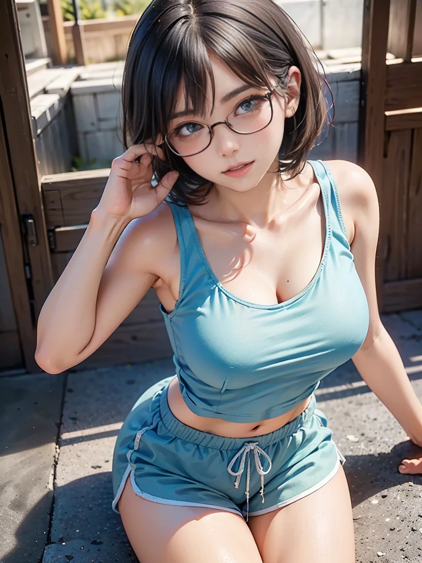 Sports competitionsの日、Sports competitions、gallery、Students cheering、女子100 m競走、((highest quality:1.4、8k、32k、Hmph:1.3))、(An unparalleled masterpiece)、((RAW Photos、realism:1.6))、Japanese Girls、Outdoor,playground,Schoolyard,Schoolyard,(physical education:1.3),(Per class:1.3)Girl smiling at the camera、Dynamic pose、(Sports competitionsの日、100 m走、running)、Dynamic Angle、School gym clothes、Bloomers、(Huge breasts:0.5、thin abdomen、The lower body is thin)、Ulzzang-6500-v1.1、Teenage Girls、Highly detailed face、Fine grain、Round face、Baby Face、Detailed Iris、double eyelid、(((Glasses、Long black hair、High up ponytail)))、Photon Mapping、Detailed skin texture、100 m,From head to toe:1.5,