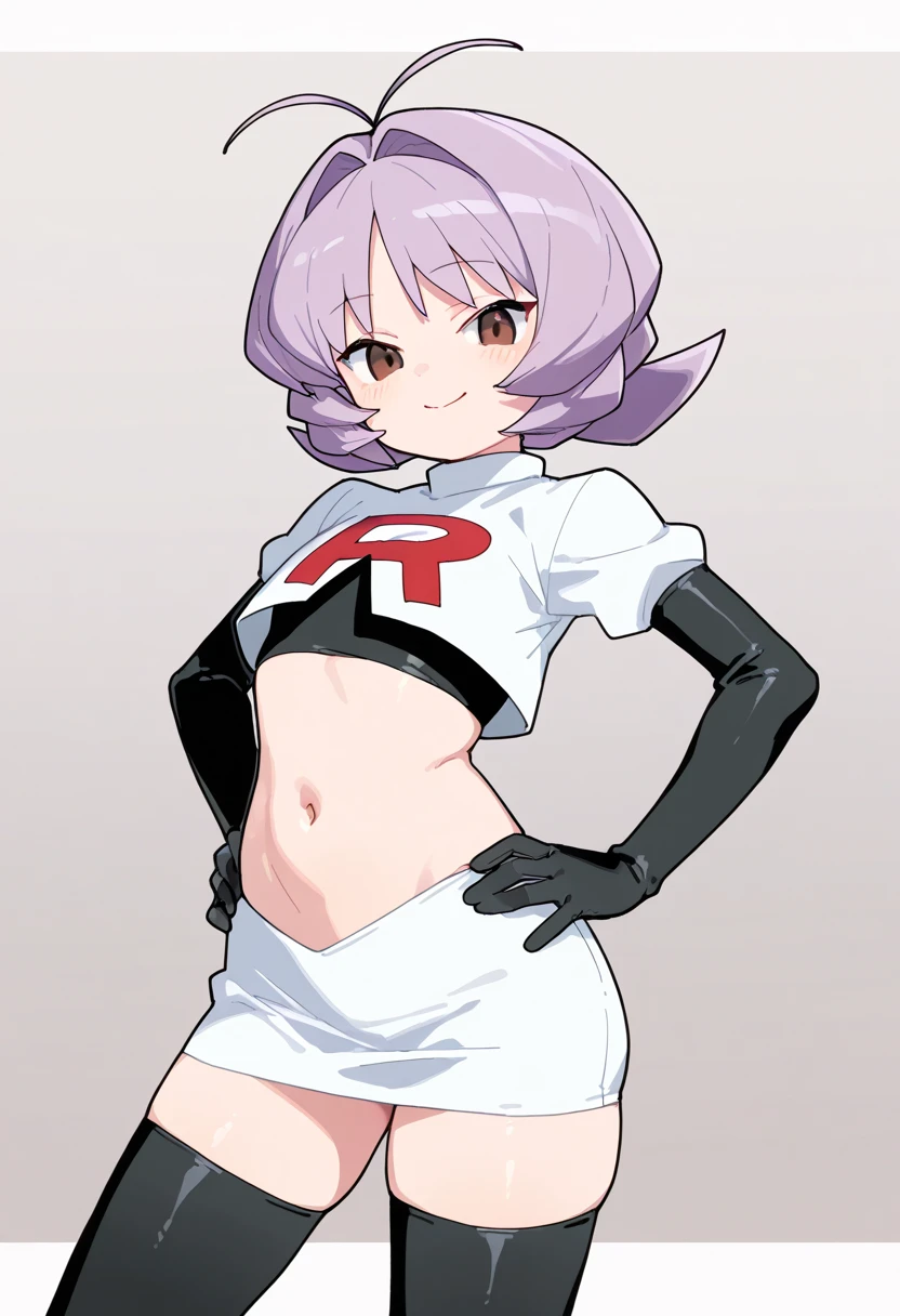 courtney, 1girl, solo, breasts, looking at viewer, short hair, bangs, simple background, white background, purple eyes, purple hair, horns, eyelashes, fake horns, horned headwear, team rocket,team rocket uniform, red letter R, white skirt,white crop top,black thigh-highs,black elbow gloves,