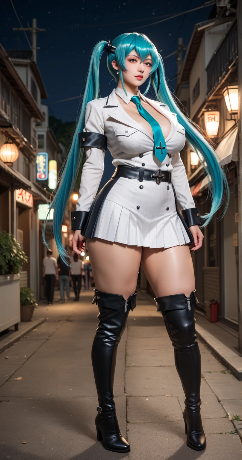 esdeath, long hair, hat, peaked cap, military, uniform, military uniform, choker, thighhighs, boots, thigh boots, chest tattoo(Beautiful detailed breasts),(Huge breasts), (((sexy pose, model pose, standing pose)))street,sunny day,