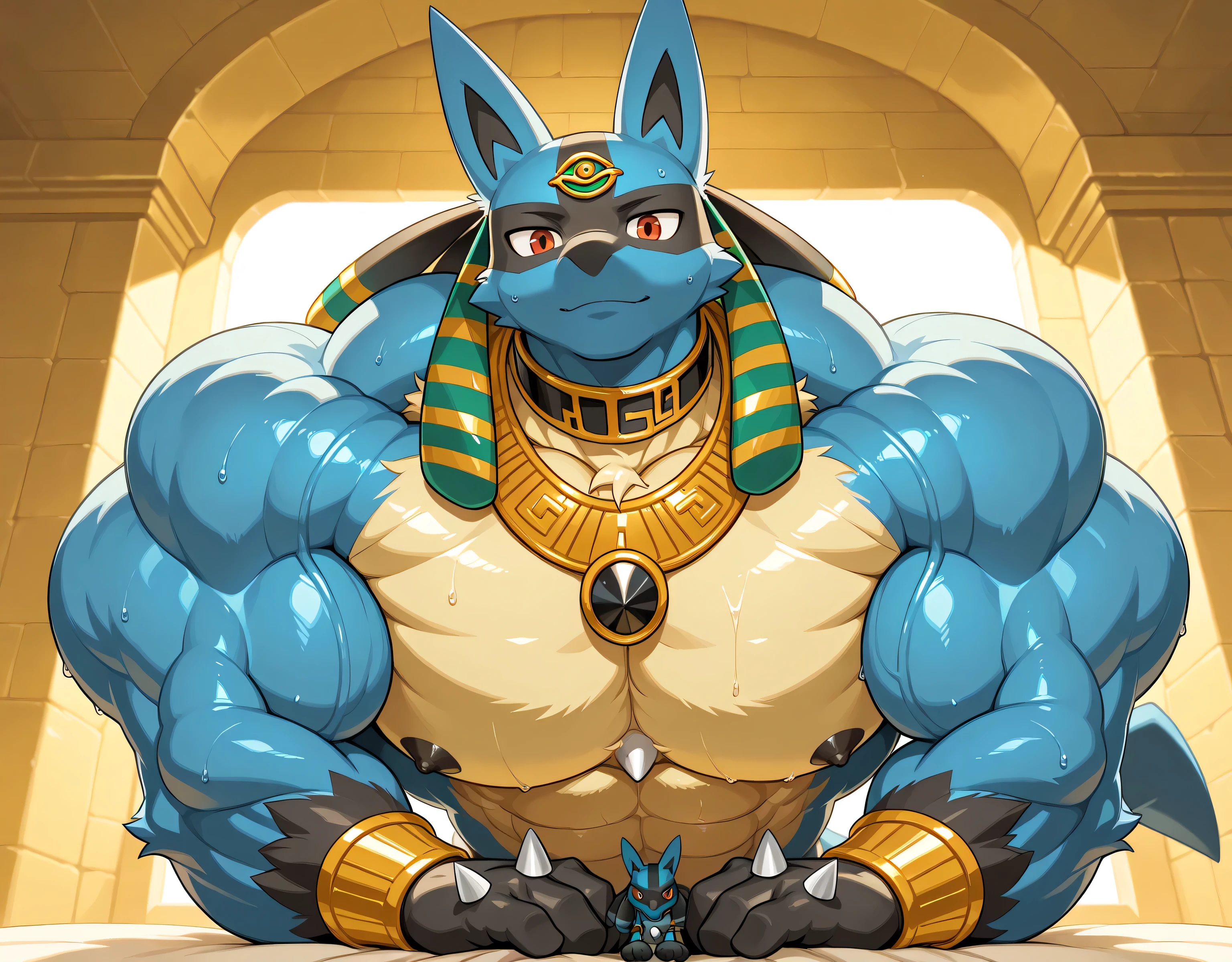 detailed background, low view, front view, egypt, close up, leaning forward on viewer, score_9_up,score_8_up,score_7_up,score_6_up,score_5_up,score_4_up, BREAK kemono, bara, furry, 1boy, anthro, lucario, Blue Fur, Chest Spike, Red Eyes, yellow chest fur with thicker patches on the collar, Spike on Hands, Two tone fur, Egyptian necklace, jewelry, huge muscular, broad shoulders, male, macro, black collar on neck, tail, male, posing, bedroom eyes, sweaty, huge black nipples, stoic, looking at viewer, upper body shot