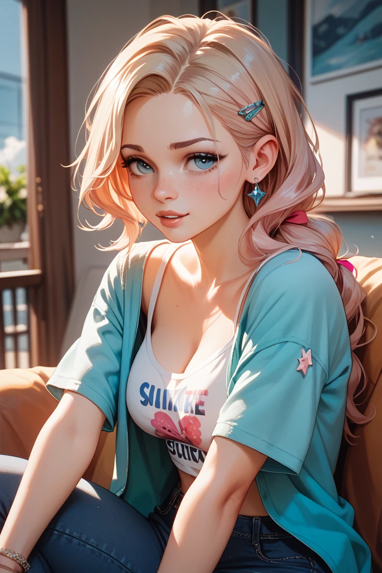 Beautiful girl, slim fit body, poney tail pink hair, tank top ,big pink lips, , blue eyes , big breasts