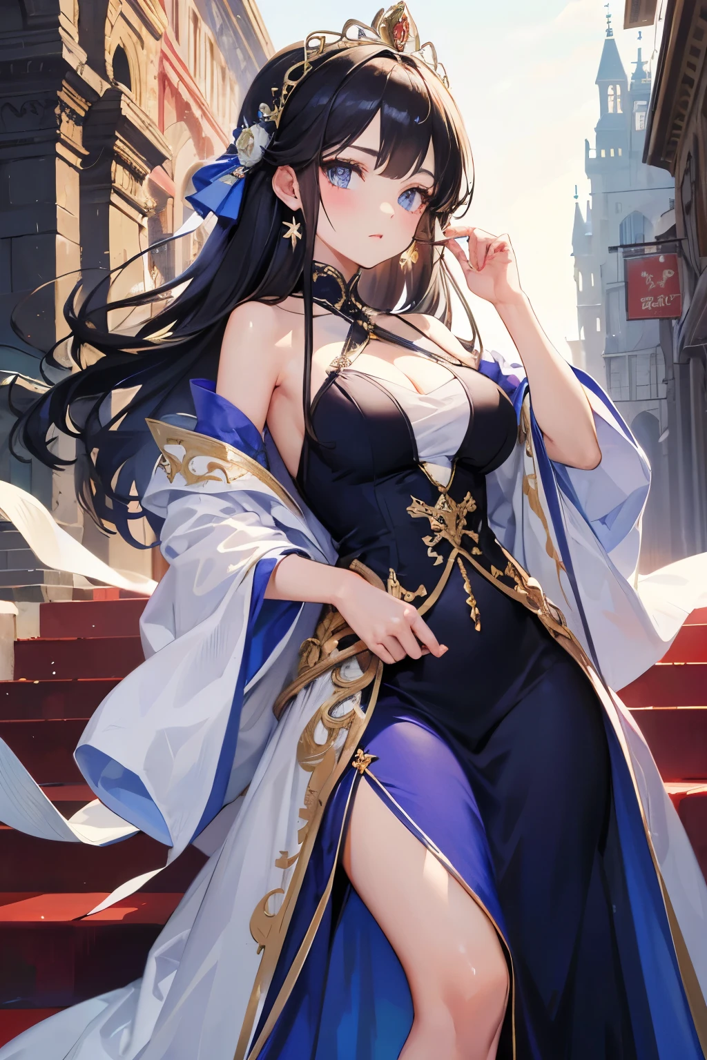 long hair, black hair, medium breast, slim legs, happy, bluish gown, cleavage, arabian belly dancer , skirt, rin tohsaka, twin tail, navel, garden, night, blue eyes, tiara, standing, thigh high socks