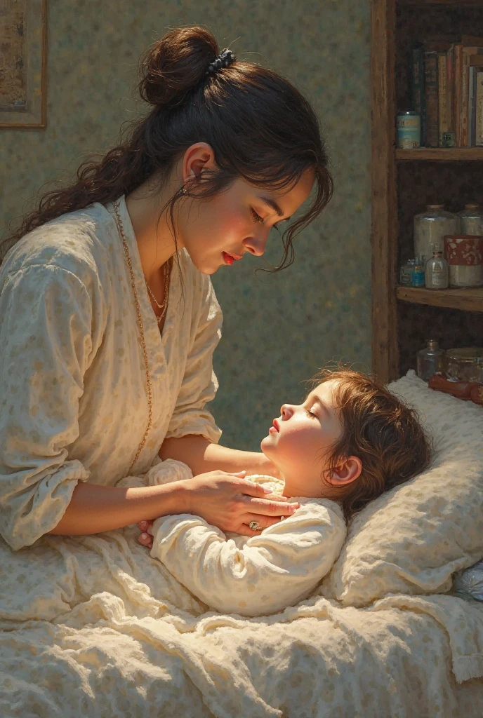 Show the moment of farewell, with the Lady gently touching the head of a poor-looking child as he appears deeply moved. The scene should begin to fade, suggesting the end of the dream. background, you can hint at the child waking up in his bed, still affected by what he has dreamed.
