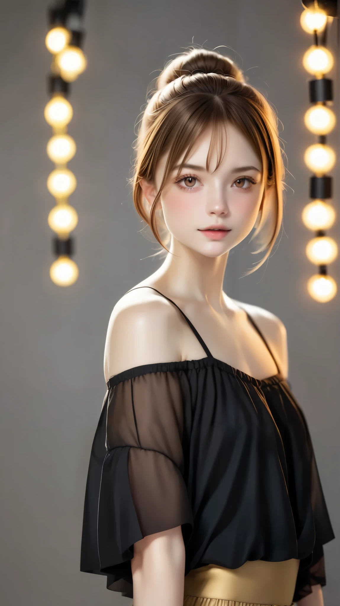 8K, work of art, CRU photo, best qualityer, photorrealistic, extremely detailed CG unity 8K wallpaper, Depth of field, cinematic light, Lens flare, ray tracing, (Extremely beautiful face, beautiful lips, gorgeous eyes), face with intricate details, ((ultra detailed skin)) 1 girl, in dark, deep shadow, beautiful brazilian girl, 1 girl, (very thin slender fit-muscled body:1.3), ((gazing at viewer)),(great smile:1.3), (black blouse), (sleeveless) , (fashion city night, dark evening, (neon sign), (nblurry background), Street fashion night),(no people in the background:1.3), beautiful ear rings, wristbands, necklase, pantyhose, clean eyes, going, (pale skin), (eyes large), Look ahead, ((upper-body shot)), ((silk cor dress:1.3)),(brown hair with bangs on the forehead),((tight dress with lace)), (transparentes), (gazing at viewer:1.3) chest opened, very thin, medium breasts, go back, Shot from behind, transparentes