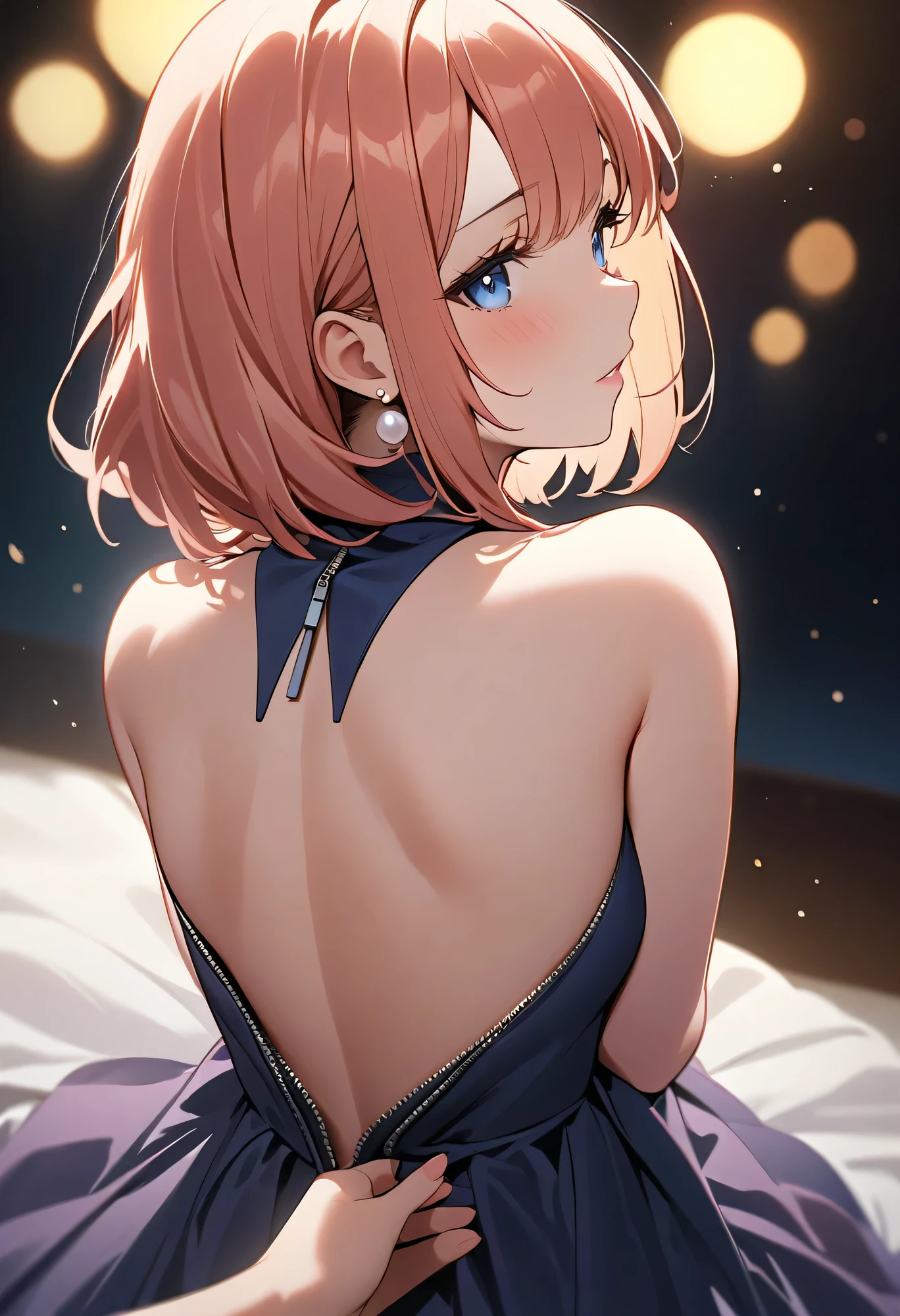Highest quality、high resolution、(high image quality:1.4)、masterpiece、detailed background、very detailed face、detailed eyes、 beautiful woman in her 20s 、(Normal number of fingers:1.2)、anatomically correct、perfect body line、Bright-colored hair、ponytail、Braided bob cut、elegant、slightly trembling shoulders、her soft hair hangs over her nape、with a faint sweet scent、
(when the zipper on the back of her dress is lowered and her back is visible:1.5)、A defenseless and cute woman whose smooth back is revealed little by little and is illuminated by the moonlight、
her skin in contact with the air rises slightly、she takes a small breath、her defenseless appearance is unexpectedly eye-catching, but、she seems to be enjoying that sense of distance、elegant Gently stretch your fingertips Touching the zipper on her back、long dress made of satin or chiffon、her back opens in a V shape、elegant with pearl earrings or a luxurious necklace、Elegant but slightly daring、Defenseless cuteness