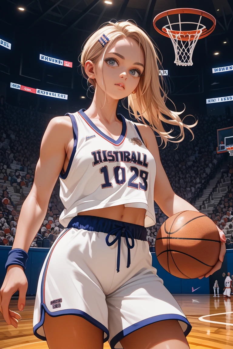 photo of (s4u700:0.99), a woman as a sexy basketball player, ((perfect short hair)), ((bob hair)), ((puckered lips;1.2)),modelshoot style, (extremely detailed CG unity 8k wallpaper), photo of the most beautiful artwork in the world, professional majestic oil painting by Ed Blinkey, Atey Ghailan, Studio Ghibli, by Jeremy Mann, Greg Manchess, Antonio Moro, trending on ArtStation, trending on CGSociety, Intricate, High Detail, Sharp focus, dramatic, photorealistic painting art by midjourney and greg rutkowski, (basketball_uniform:1.2), (basketball shorts:1.2), (sneakers), (on the basketball_court ), (( dribbling_\(basketball\) )), (basketball), ((in a basketball stadium )), (( crowd sitting on the bleachers )), (basketball game), (looking directly at camera:1.3), (detailed pupils:1.3), (modern outfit:1.2), (closeup), dimly lit,   <lora:epiNoiseoffset_v2:1.2>