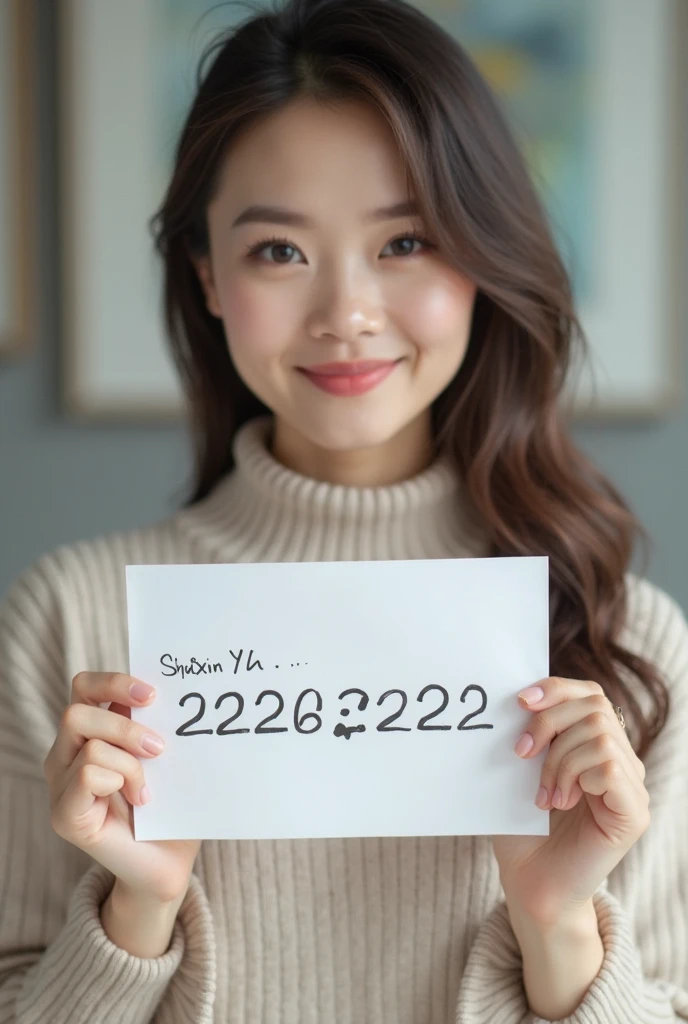 a cute asian girl with a round face, thick and long curly hair, holding a board in her hand with "Follow Me" written on it, photographed from a top angle, busty, cleavage, highly detailed, cinematic lighting, photorealistic, 8k, best quality