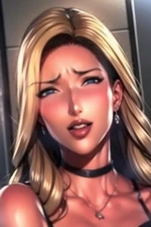 Hot mom, sexy dess, sexy, ((Masterpiece, best quality)), detailed skin, highly detailed, cinematic lighting, ultra realistic, blush, looking at viewer, with blonde hair. Her hair is straight and elegantly styled, falling softly to chin length, portrait, , big breasts, cleavage, kneeling, cum on face, cum, tougth out