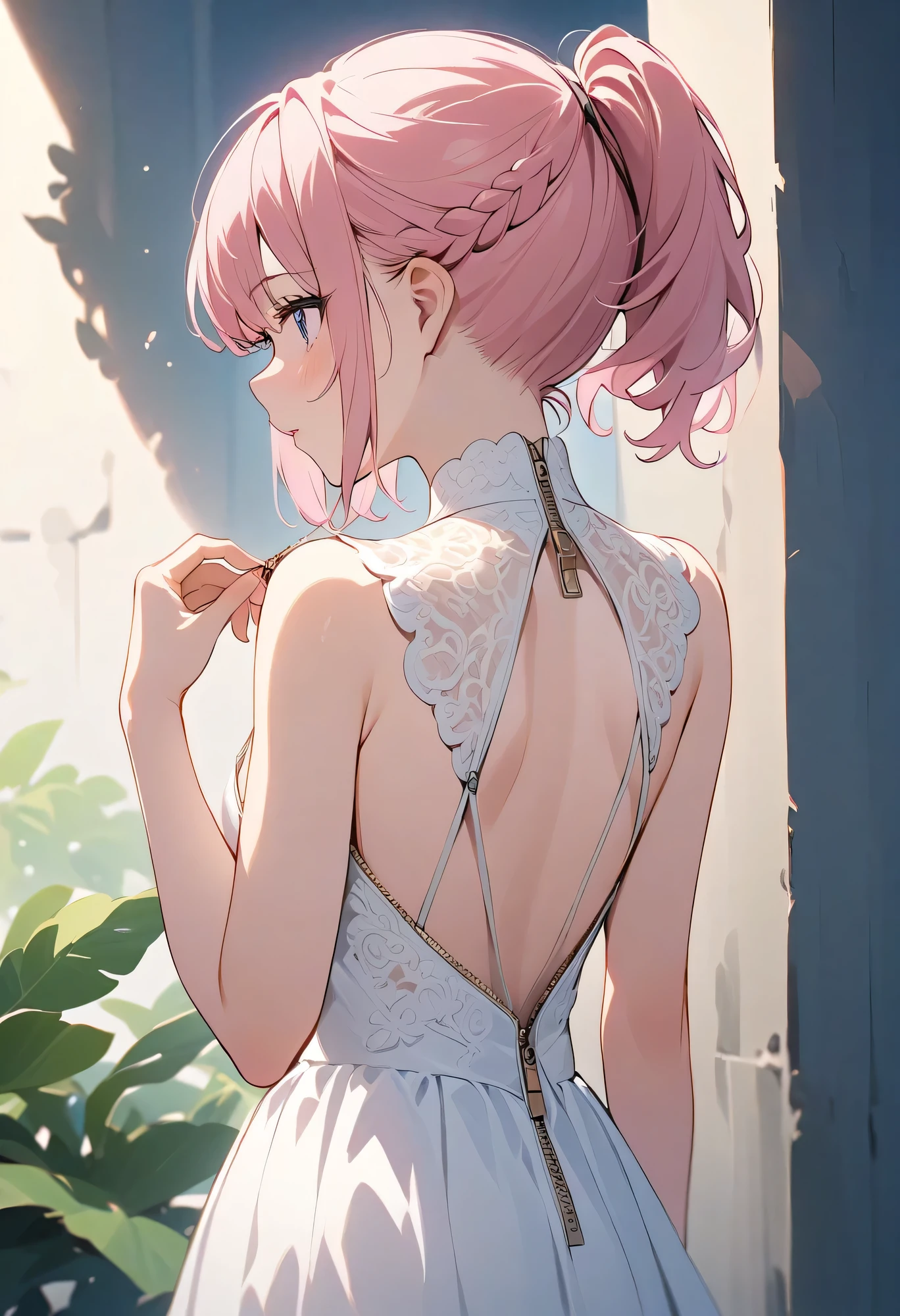 Highest quality、high resolution、(high image quality:1.4)、masterpiece、detailed background、very detailed face、detailed eyes、 beautiful woman in her 20s 、(Normal number of fingers:1.2)、anatomically correct、perfect body line、Bright-colored hair、ponytail、Braided bob cut、elegant、slightly trembling shoulders、her soft hair hangs over her nape、with a faint sweet scent、

(the zipper on the back of the dress can be seen by lowering the zipper on the back of the dress:1.5)、A cute, defenseless woman whose back is revealed little by little and illuminated by moonlight、

her skin in contact with the air rises slightly、she takes a small breath、her defenseless appearance is unexpectedly eye-catching, but、she seems to be enjoying that sense of distance、elegant Gently stretch your fingertips Touching the zipper on her back、high-waisted midi dress made of lace material、Cute for adults with heels and a clutch bag、Elegant but slightly daring、Defenseless cuteness