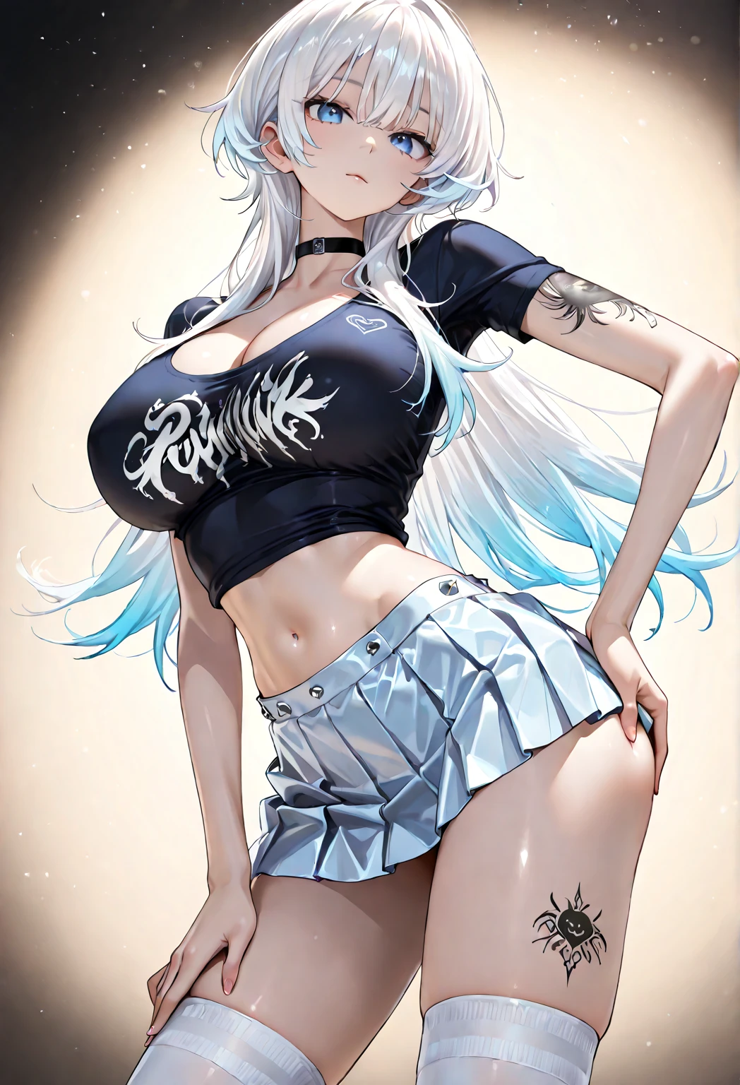 kamisato ayaka|genshin impact, master-piece, bestquality, 1girls,25 years old, proportional body, elongated legs, Beautiful, proportional., crop top, Long Jeans, mediuml breasts, ,bara, crop top, choker, (Graffiti:1.5), Splash with purple lightning pattern., arm behind back, against wall, View viewers from the front., Thigh strap, Head tilt, bored,