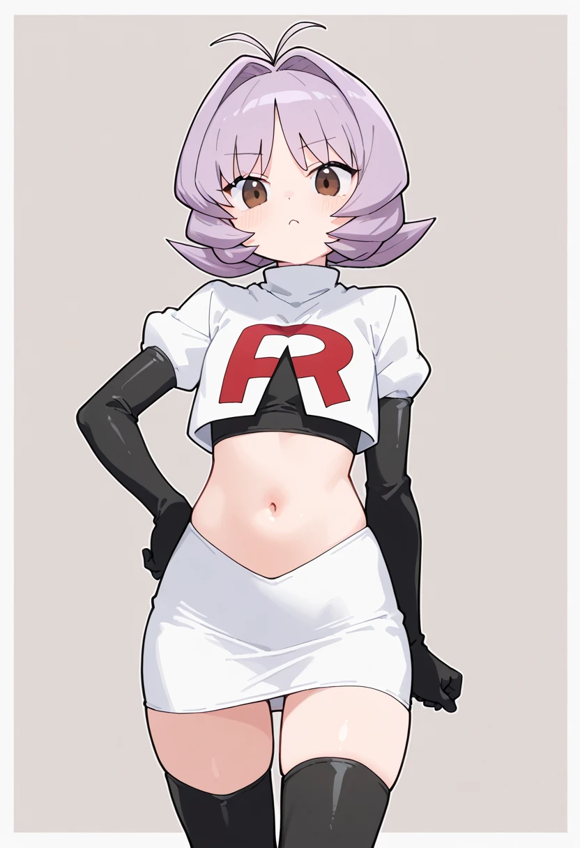 1girl, prushka, short hair, multicolored hair, medium breasts, maid headband,  looking at viewer, :\, team rocket,team rocket uniform,white skirt,red letter R,crop top,black thigh-highs,black elbow gloves