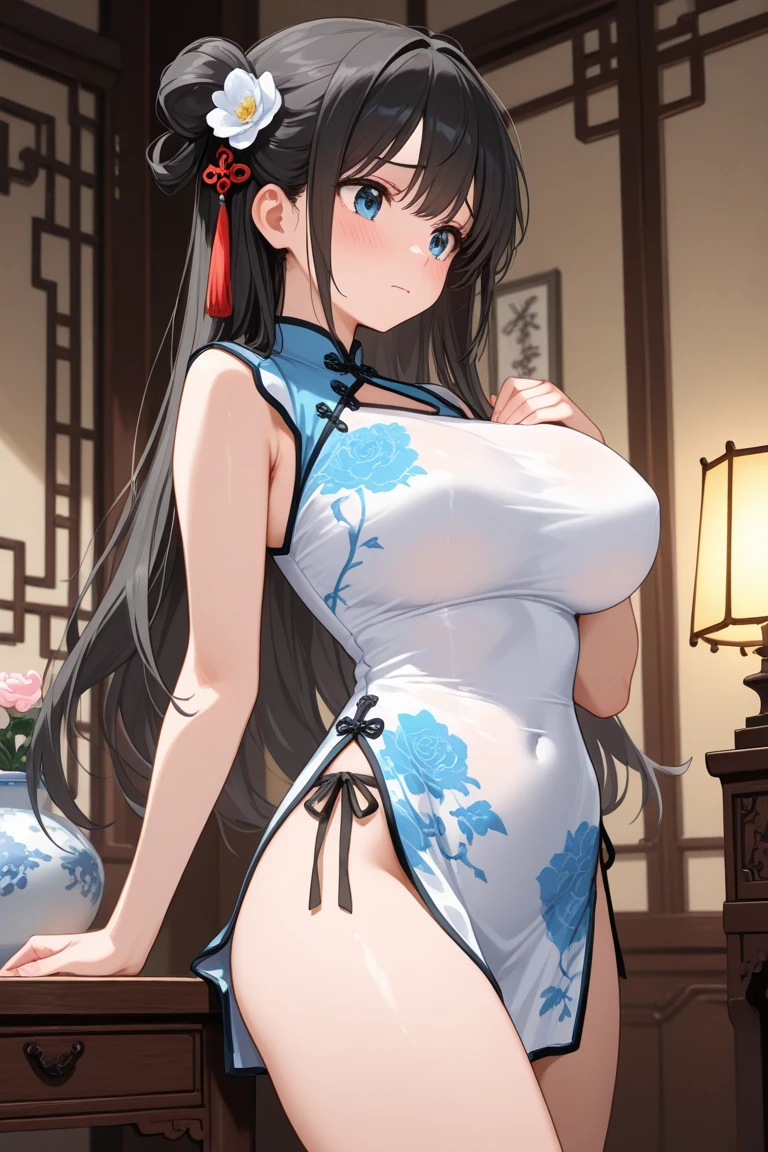 ((nsfw:1.25)), (1 woman, tall, nymph, harass sexually, with elect), (solo:1.4), high res, masterpiece, best quality, ultra detailed, ((correct anatomy:1.3)), (perfect anatomy:1.2), ((correct hand:1.3)), ((ideal ratio body proportions:1.2)), small head, oval face, super fine illustrations, anime style, thin outline, photo realistic, textile shading, cinematic lighting, clear focus, BREAK, mature woman, 28years old, (sexy Gal:1.2), (milf:1.3), slim, Long Tall Sally, glamorous, (huge breast:1.2), (sagging breasts:1.3), (big tits:1.2), (pointing breast:1.2), BREAK, medium long hair, half updo, deep chestnut hair, hair over one eye, shaggy, Carly, wavy, beautiful detailed eyes, BREAK, (dynamic angle:1.5), (close to viewer:1.2), (looking at viewers:1.2), (close up your face:1.37), (breast focus:1.3), (face focus:1.0), (from below:1.37), centered image, BREAK, (wearing thin frame glasses:0.0), earnings, bracelet, (dynamic posing:1.35), (standing in chinese Bar:1.2), ((wearing long chinese dress:1.5, white, flower printed, delicate pattern)), (with exposing breast cleavage:1.2, bare nipple:1.3), (POV:1.2), BREAK, (presenting:1.2), (seductive smile:0.8), (ecstatic look:1.2), (sigh:1.0), (with opening mouth, shaped O, little), indoor, blurry background, bokeh, depth of field, in the night,