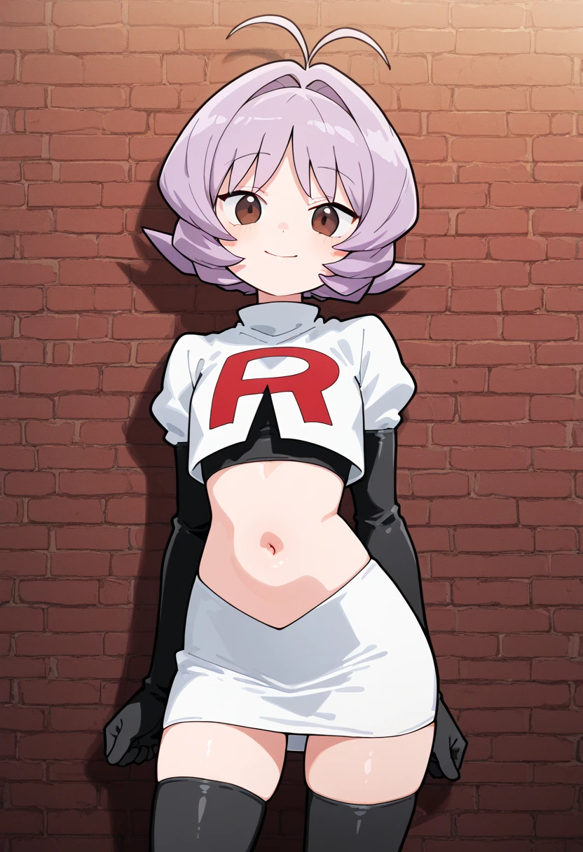 (masterpiece) ,best quality,amazing quality,very aesthetic,absurdres,newest, Najimi Osana (Komi Can't Communicate), team rocket,team rocket uniform,white skirt,red letter R,crop top,black thigh-highs,black elbow gloves, 1boy, male focus,najimi osana, short hair, brown eyes, purple hair, hair intakes, antenna hair, 0sananaj1m1,cowboy shot