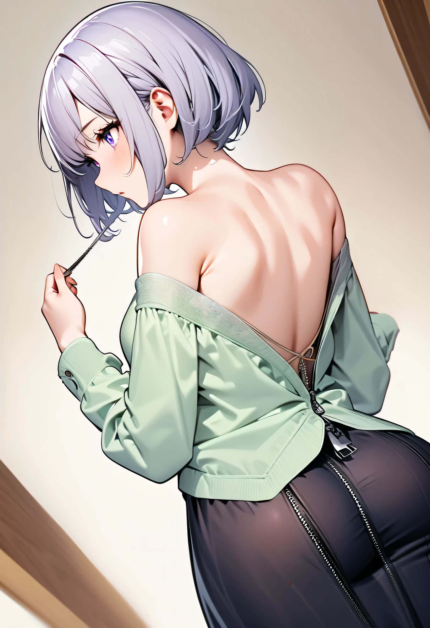 y girl, no clothes, girl from the back, black panig ass, whiteckground, pink eyes, white hair
