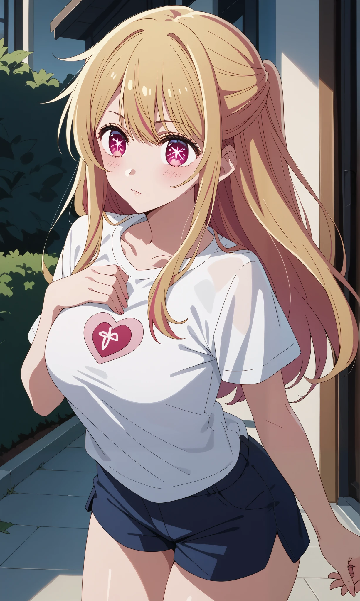 score_9, score_8_up, score_7_up, source_anime, 4K,perfect fingers,(perfect hands, perfect anatomy),prefect lighting, very aesthetic, intricate details,highly detailed background, masterpiece, high quality, best quality,
1girl, rubyhoshino, ruby hoshino, long hair, bangs, blonde hair, pink eyes, sidelocks, symbol-shaped pupils, multicolored hair, two-tone hair, Large breast,dense ,
Wearing ((shirt, white shirt, short sleeves, shorts, )),,
Leashed cute,