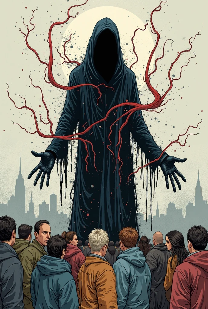 Create a lineart illustration Scene:Bodies Falling from Above: Capture the shocking scene of the five bodies, including that of a child, falling from above and hitting the ground around Hellen. Hellen can be shown walking slowly among the bodies, without expressing any emotion, emphasizing the cold and calculating nature of her actions. The contrast between the red of her robe and the paleness of the bodies adds a dramatic tone to the scene.