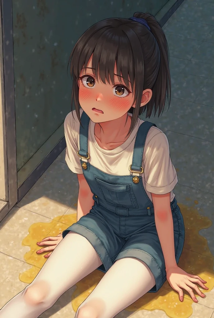 8K, best quality, master piece, ultra-detailed, Childminder 、middle short hair、bright、fine、brown hair、looks fun、wearing a yellow apron、medium breasts、angry、Nursery school hallway、Pale blue eyes、 、blush、squat down、own hugging feet、 full body、skirt、genitals visible、show off pussy