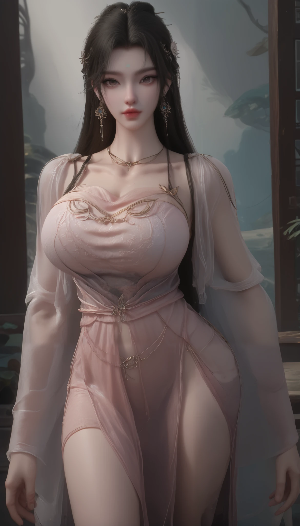 girl,solo,dress,earrings,jewelry,long hair, ancient female chinese clothes,looking at viewer , Chinese dress,brown eyes, black hair, sexy camisole, camisole like a pink see through cloth, revealing full thights and hip and venter, top quality, Masterpiece, Ultra High Resolution, High Definition RAW Color Photos , pro pics, natural skin texture, fine skin, hyperrealism, smiles,Earrings, gigantic breasts, slit dress, camisole, collarless dress, high slit dress, revealing thights and the sexy crease at the joint between the hip and thigh
