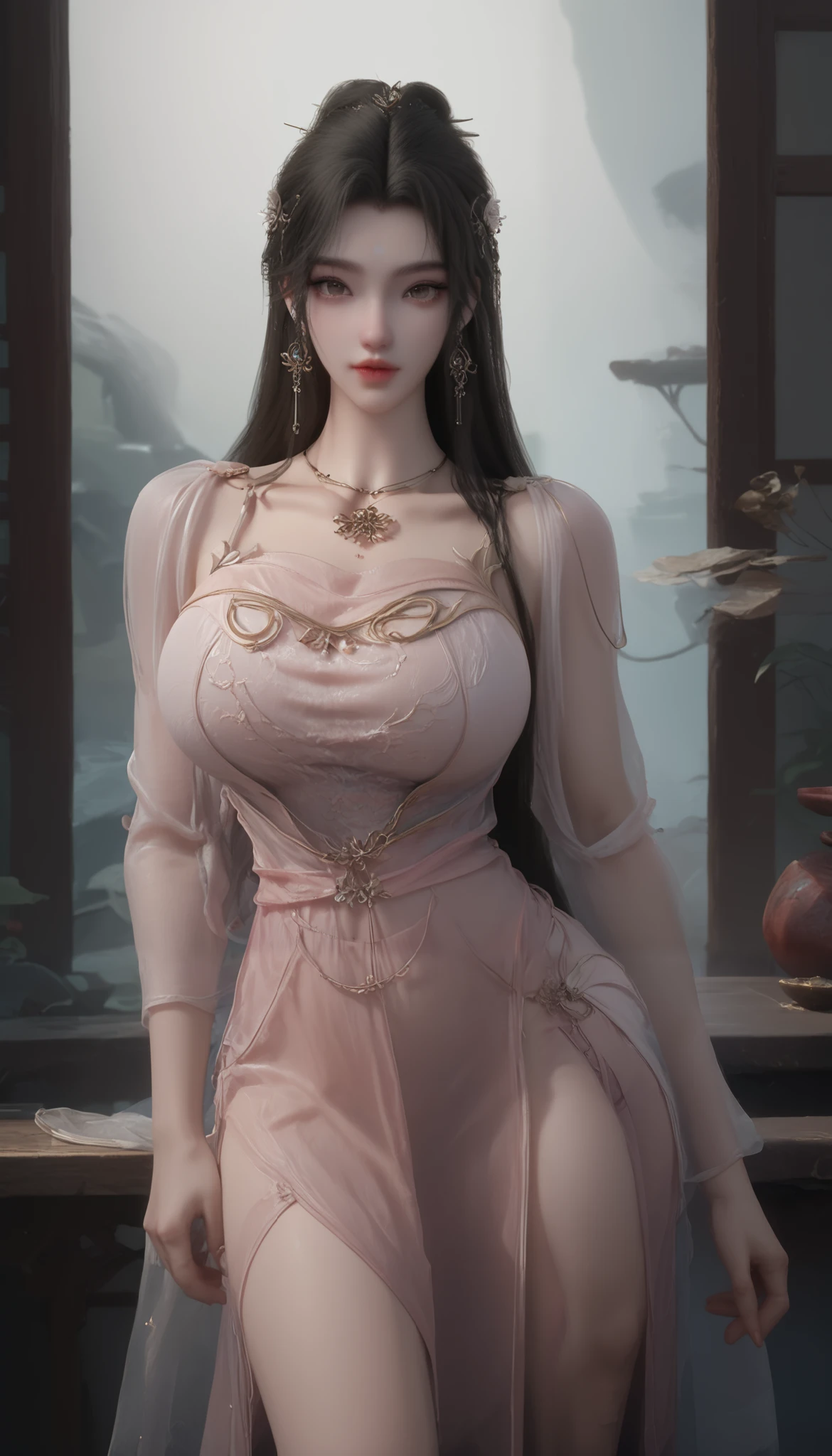 girl,solo,dress,earrings,jewelry,long hair, ancient female chinese clothes,looking at viewer , Chinese dress,brown eyes, black hair, sexy camisole, camisole like a pink see through cloth, revealing full thights and hip and venter, top quality, Masterpiece, Ultra High Resolution, High Definition RAW Color Photos , pro pics, natural skin texture, fine skin, hyperrealism, smiles,Earrings, gigantic breasts, slit dress, camisole, collarless dress, high slit dress, revealing thights and the sexy crease at the joint between the hip and thigh
