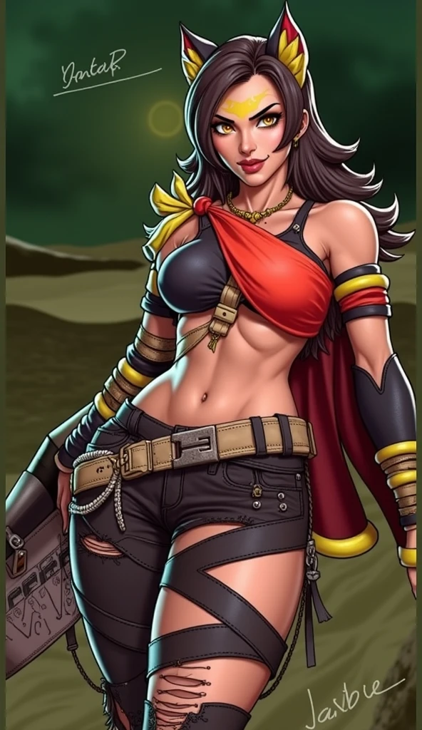 masterpiece,best quality, extremely detailed,8k. Blaze Fielding holding a short knife in her hand, wearing wearing a tight short red skirt, white panties, solo, surprise face, looking down, big breasts, strong, hoops earrings, looking at viewer, smile, long lustrous hair, brown hair, light make up, gloves, navel, cleavage, brown eyes, large breasts, wearing tight red top, salient underboob, broken jacket armor, black fingerless gloves,holding short knife, at a fantasy dungeon alone with tentacles crawling up her leg.
