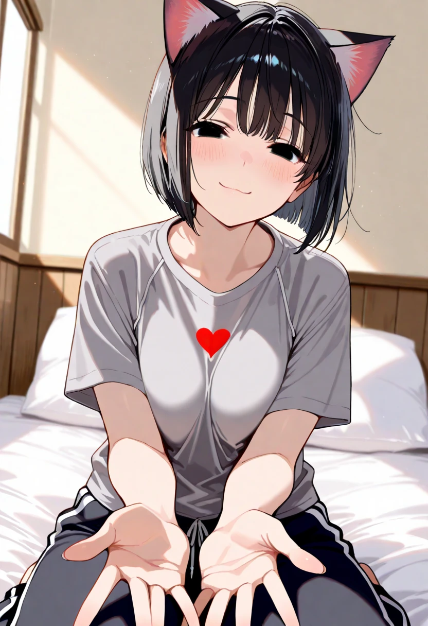Missionaries, Sex, Vaginal, One girl, One boy, penis, Lie in, White T-shirt, Bottomless, Medium Hair,( Two-tone hair ), No correction, Voice of the Heart, smile, Mouth closed, blush,
