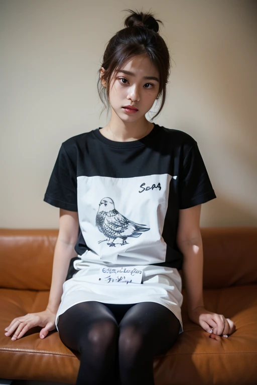 (((fashion magazine's cover, large title, many headings))), ((in the dark, in the dim place, dark sky, deep mountain pass, trees)), (((round face))), (blush, drooping eyes), ((bending to open legs, showing off her light pubic hair and genitals)), young woman, white summer shirt, ribbon, pleated skirt, one thick braid, shoes, 