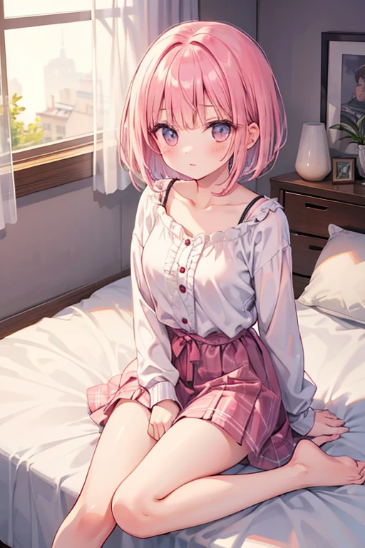 (((1 little girl)),ray tracing,(dim lighting),[detailed background (bedroom)),((pink hair)),((pink hair)),(Fluffy short pink hair, slim small girl))) pink eyes))) ((((Girl wears a cute white ultra-light pink Japanese school uniform), showing a delicate slim and small figure and graceful curves, correct limbs, sitting on the bed, blush, annoyed face, looking at viewer
