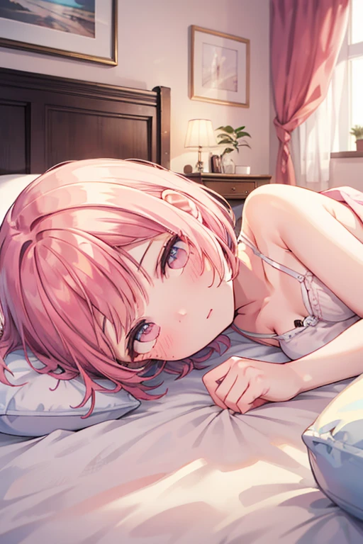(1girl), ( sleeping on her bed, lying down, wearing a futon ), (closed eyes ), (opened mouth),  (side view), looking at a viewer, Perfect style, medium large breast, beautiful slim curve, (super beautiful big eyes:1.5), beautiful face, accurate, anatomically correct, highly detailed face and skin texture, detailed eyes, blue eyes, double eyelids, thin eyebrows, glitter eyeliner: 1.2, blushed cheeks, round face, glossy skin, fair skin: 1.2, (glossy lips: 1.4), (heart shaped pupils) , full of delight, innocent and Cute girl, BREAK first-person-view, ((Wearing , oversized pajama :1.6)), ((( it is made of silk, pale pink :1.5 ))), (( beautiful extra short hair, mush, bob style, messy hair:1.6)), (simple necklace:1.5),(full of compassion, full of love), BREAK (bust up shot: 1.2), (focus on her profile), ((( at her bed room , gentle warm light : 1.6)), (very intimate relationships:1.6), top quality, (Masterpiece: 1.3), (Maximum resolution: 1.2), (Ultra HDTV: 1.2), Cinema light, Ultra HDTV, (Detailed eyes and skin), (Detailed facial features), HDR, 8k resolution, Sharp Focus: 1.2,
