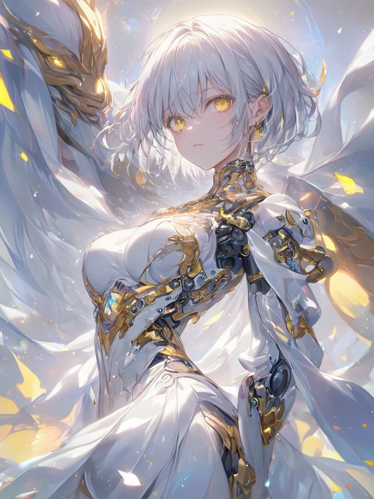(Numerous award-winning masterpieces, with incredible details), Ultra HD, 8K, ((Extremely beautifull face)), (extremely detailed realistic face features), (beutiful light blue eyes), ((finely detailed true circle Symmetrical grey eyes)), (She has a meloncholic face), (A majestic sight), short white hair, anatomic, small wraist with big hips, short hair, big breasts, realistic skin texture, pale skin, (realistic body: 1.8), (1girl standing in), epic mmorpg celestial transparent white outfit, fantasy castle background