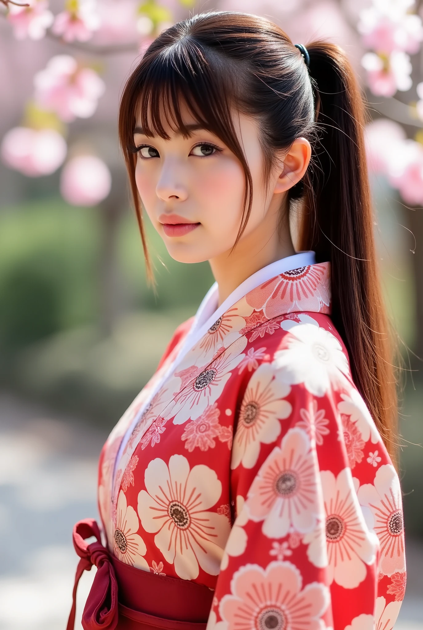 Create a stunning photo collection featuring a beautiful Japanese idol girl with fair skin. She has long, straight hair styled in a ponytail with bangs. Showcase her elegant appearance in a glossy hakama outfit paired with boots, capturing her full body. The background should be a serene Japanese garden in spring, enhancing the girl's purity and charm.