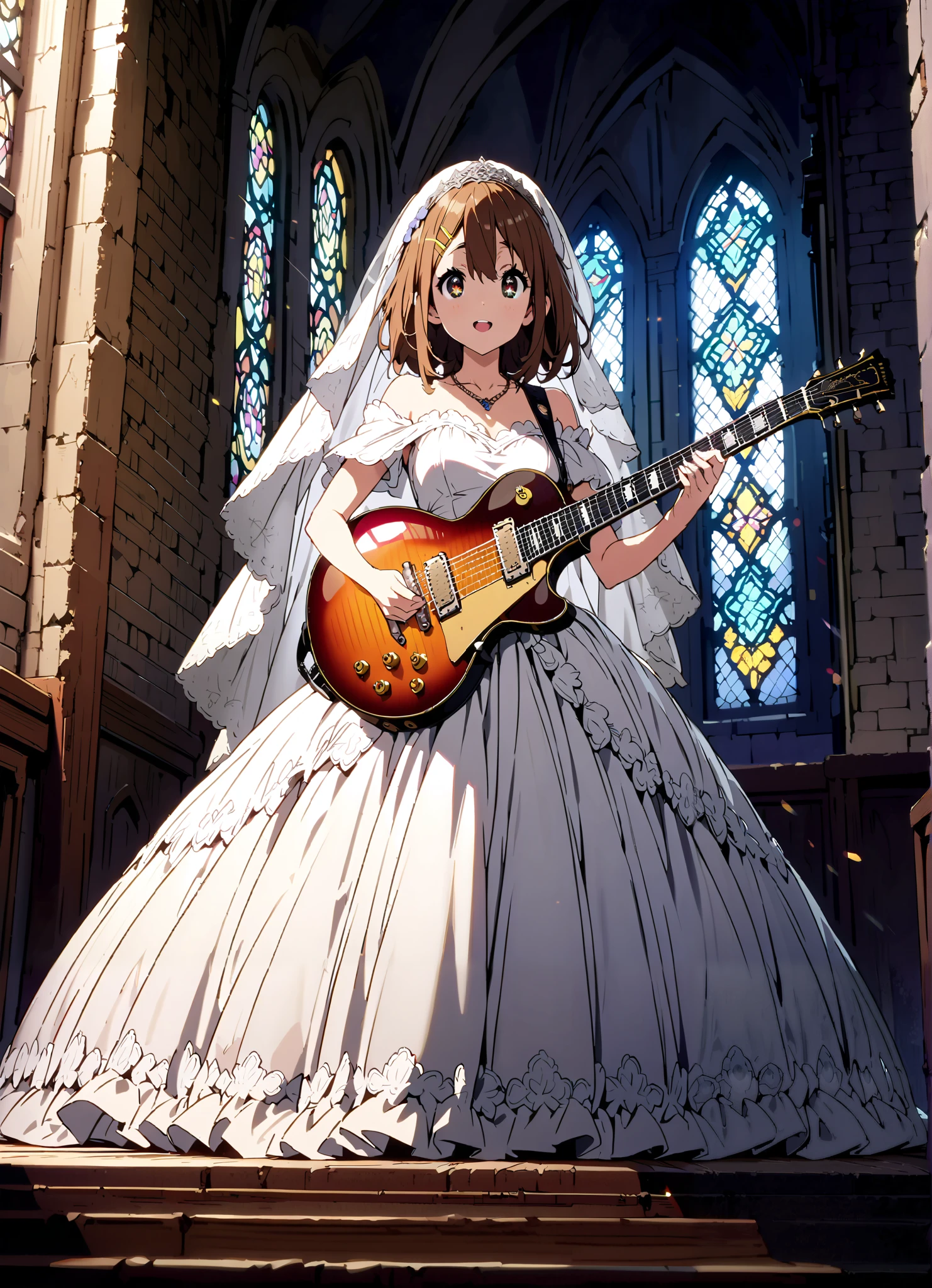 Plane, Plane, brown eyes, brown hair, Yellow Hair Clip , medium hair,Veil,necklace,Off Shoulder Wedding Dress,Short sleeve,guitar( Gibson Les Paul) , Instrument playing, Stage Performance ,Sing in front of the microphone, Play in front of the microphone,is standing,smile,cover,open your mouth wide,stained glass,full bodyがillustrationsに入るように,break indoors,Chapel,church,
break looking at viewer,full body,
break (masterpiece:1.2), Highest quality, high resolution, Unity 8k 壁紙, (illustrations:0.8), (beautiful detailed eyes:1.6), very detailed face, so that it fits into the illustration, extremely detailed CG,(perfect hand, perfect anatomy),