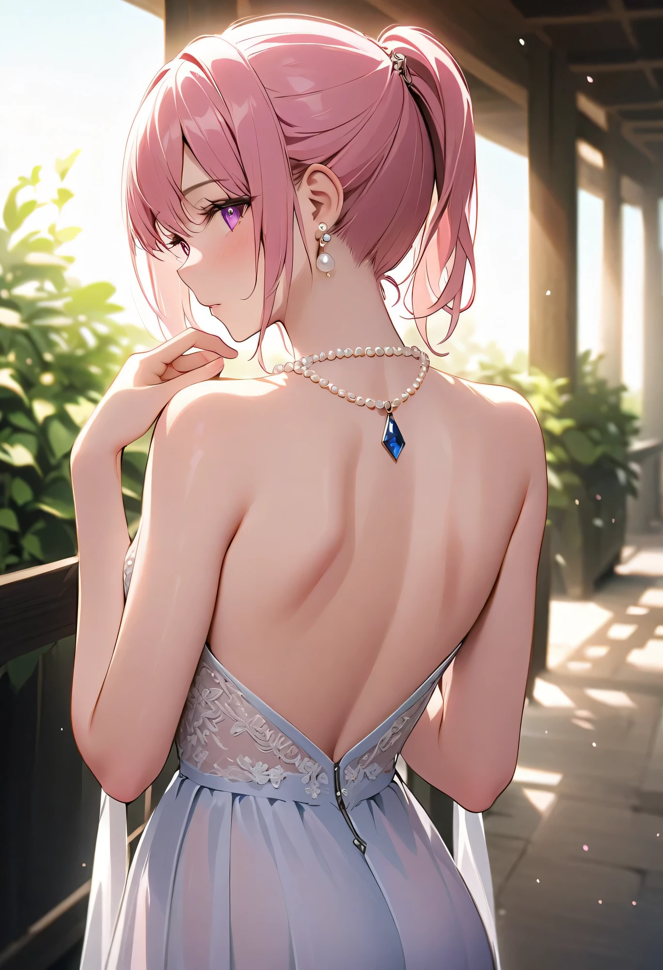 (masterpiece, best quality:1.4), 8k, 85mm, official art, absurdres, (downblouse:1.2), (from above:1.1), violaceaess, cute face, beautiful eyes, camisole, upper body, looking at viewer, short hair, bangs, small head, (smile:0.6), sharp focus, facelight, dynamic lighting, cinematic lighting, dramatic shadow, perspective, depth of field, highres, ultra detailed, finely detail, extremely detailed, detailed eyes and face, sharp pupils, realistic pupils, simple background, small waist, hot dress, white stocking