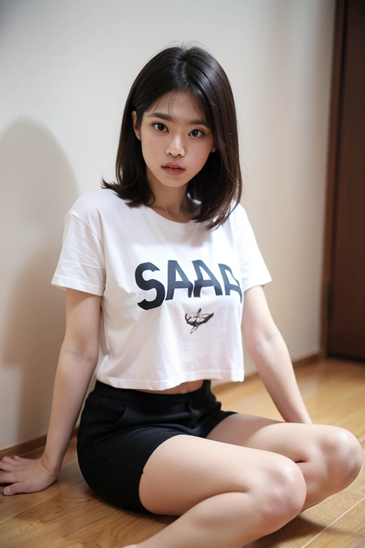 ((top-quality、8k、​masterpiece:1.3))、Beautiful woman with perfect body:1.4、slim abdomen:1.2、Longhair, normal breast, Highly detailed facial and skin texture, A detailed eye, delicate eyes, double eyelid, (smile), (full body shot), ((cafe 1.1)), (sitting on chair), (((wearing t-shirt with short pants))), looking in front
