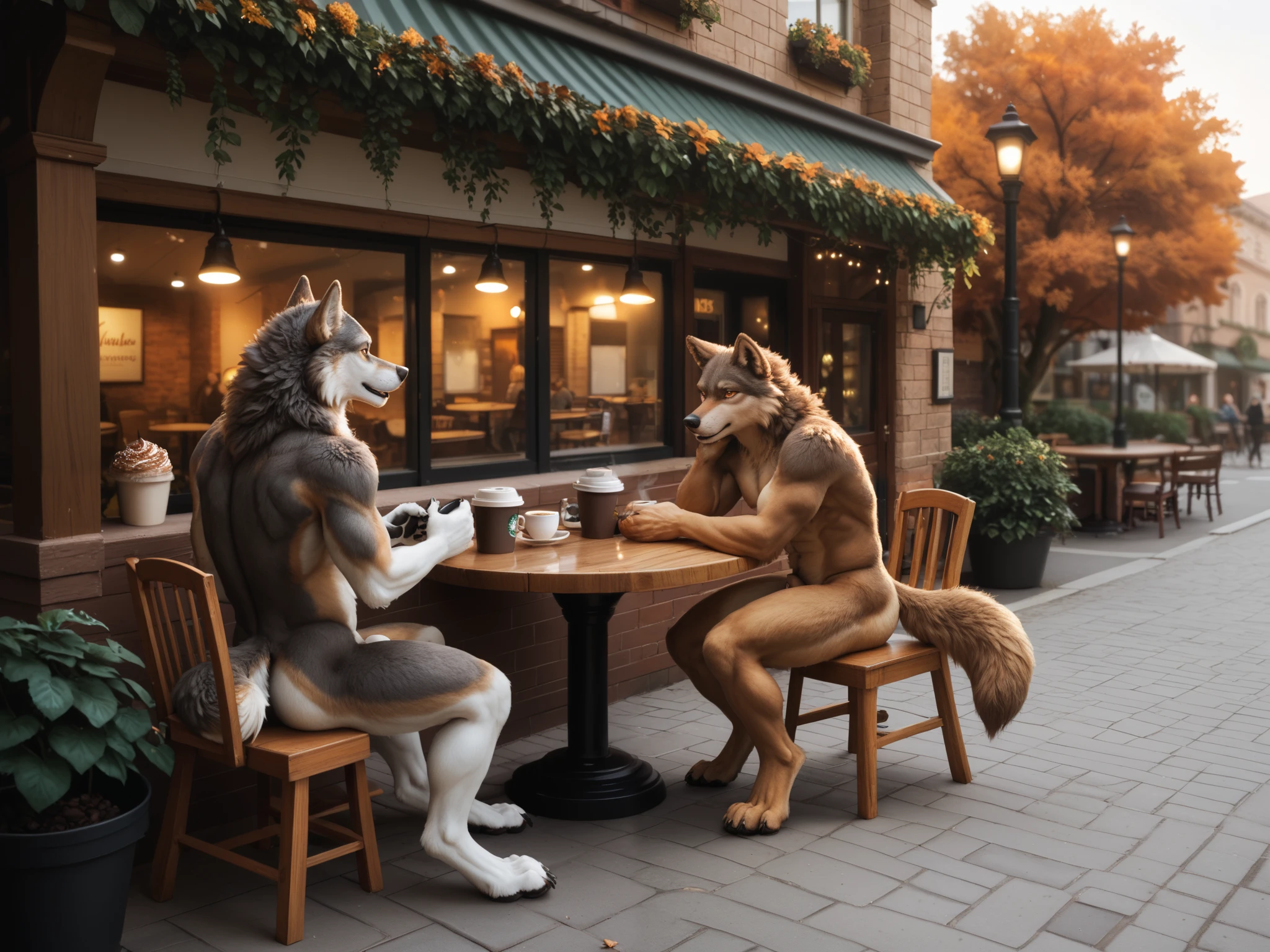 An anthropomorphic male brown wolf, antho wolf, furry wolf, brown furr, barefoot, digitigrade, paws, black pawpads, wolf hands, black pawpads on wolf hands, black pawpads on hands, wolf tail, yellow eyes, male bare chest, male bare chested, male topless, brown nipples, brown areolas, sheath, fully sheathed, wolf balls, wolf testicles, ass, butt, nude, naked. The scene takes place on a european street, sidewalk, trees, streetlamps, buildings made of brick walls, coffee shop terrace in the background, coffee shop terrace with exterior wooden chairs and exterior wooden tables, cozy atmosphere, cozy, green plants in pots. The character is sitting on a exterior wooden chair next to an exterior wooden table at the coffee shop terrace. European cup of coffee on the exterior wooden table. autumn. Early morning, dawn, dim lights from lamps, golden lights from the inside of the coffee shop and the streetlamps. fullbody, full body.