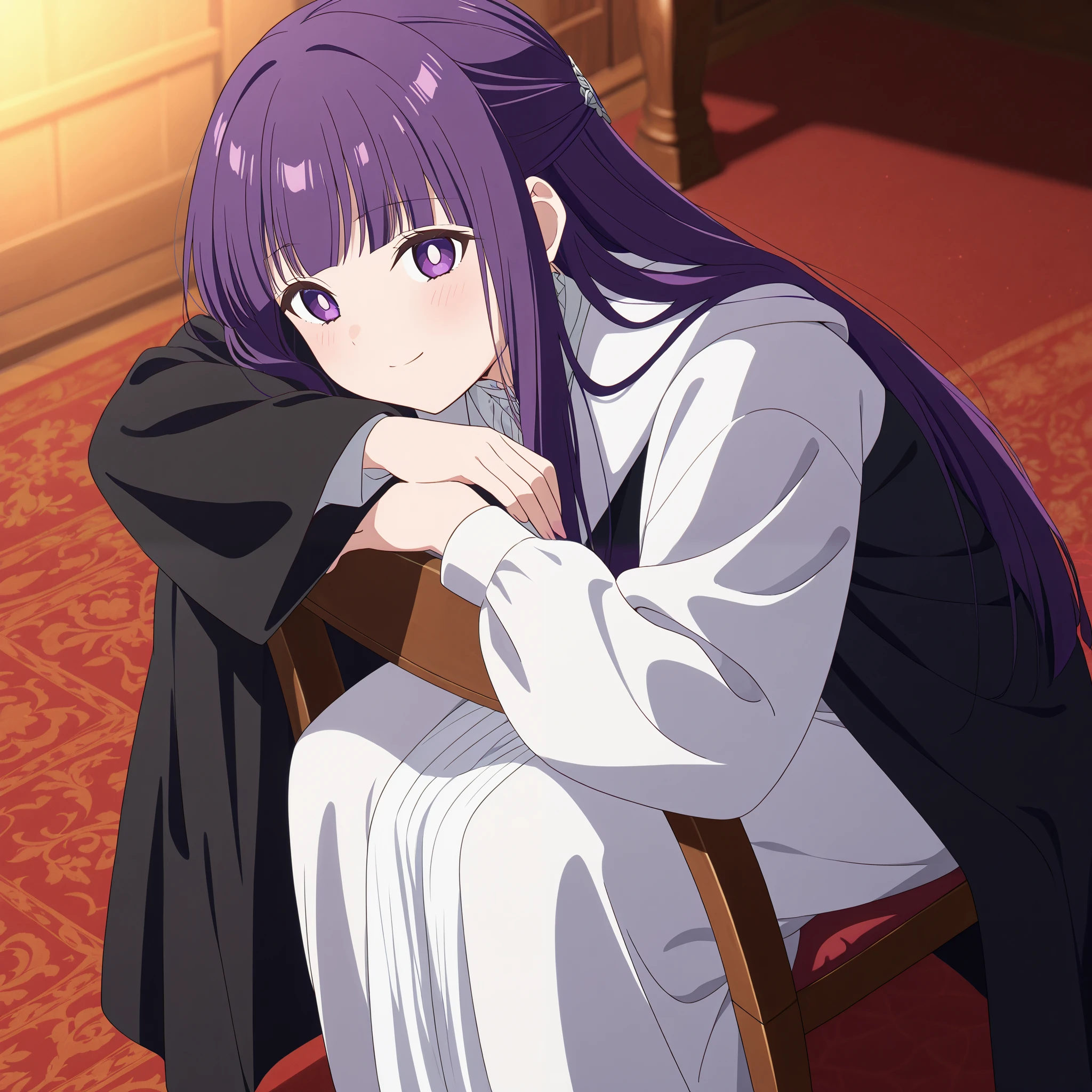 fern, long hair, bangs, purple eyes, purple hair, bright pupils, half updo, inn、 bedroom、big on the floor、laugh a little、long sleeves、viewers、sexy、sitting backwards、long sleeves, dress, white dress, long dress, robe, black robe,