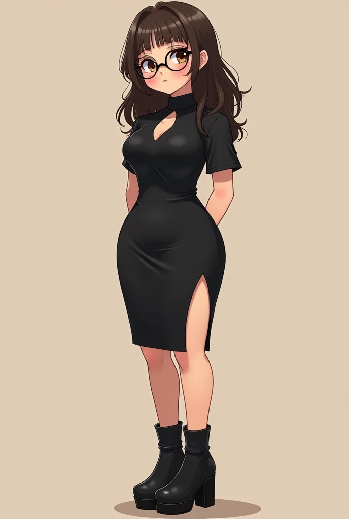 a close up of a woman in a black dress and a pair of heels, thicc, curvaceous. detailed, heavy looking, obese ), tanny skin, curvaceous, chunky!!!, she has a jiggly fat round belly, realistic shaded perfect body, realistic body shape, alluring plus sized model, fat woman, full body! shot