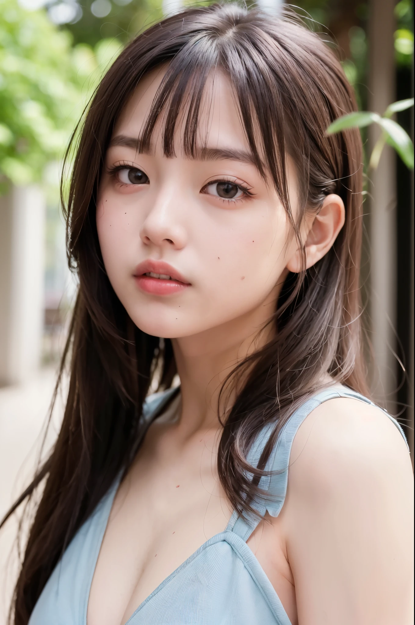 One girl, Brown Hair, Half-up hairstyle, Large pupil, precise, Textured skin, Body type: chubby, thin lips, medium length