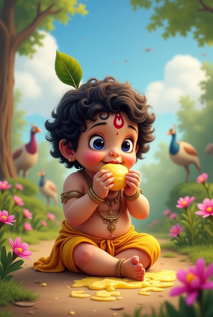 Generate Kanhaiyya, avatar of Krishna eating makhhan and wearing gold