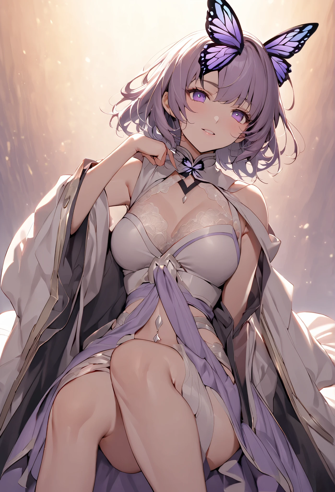Silver Hair、Bobcut、Completely naked、Purple Eyes、Black winged woman、Big Breasts、Spread your legs、Nipples、vagina, Exposed breasts and thighs、Show off your thighs、Official Anime Artwork, Ayaka Genshin Impact, Detailed Key Anime Art, 黒 photo, Ayaka Games Genshin Impact, Gap Moe Yandere Grimdark, Fine details. Girls' Frontline