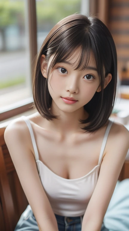 12 years old, (japanese Famous idol:1.4) (1cute girl:1.4) (very young face:1.4) best quality, face focus, soft light, ultra high res, (photorealistic:1.4), RAW photo, 1japanese girl, solo, cute, (pupil, lights in the eyes), detailed cute face, (small chest),(high resolution detail of human skin texture), Damask Shirt Dress, (portrait)