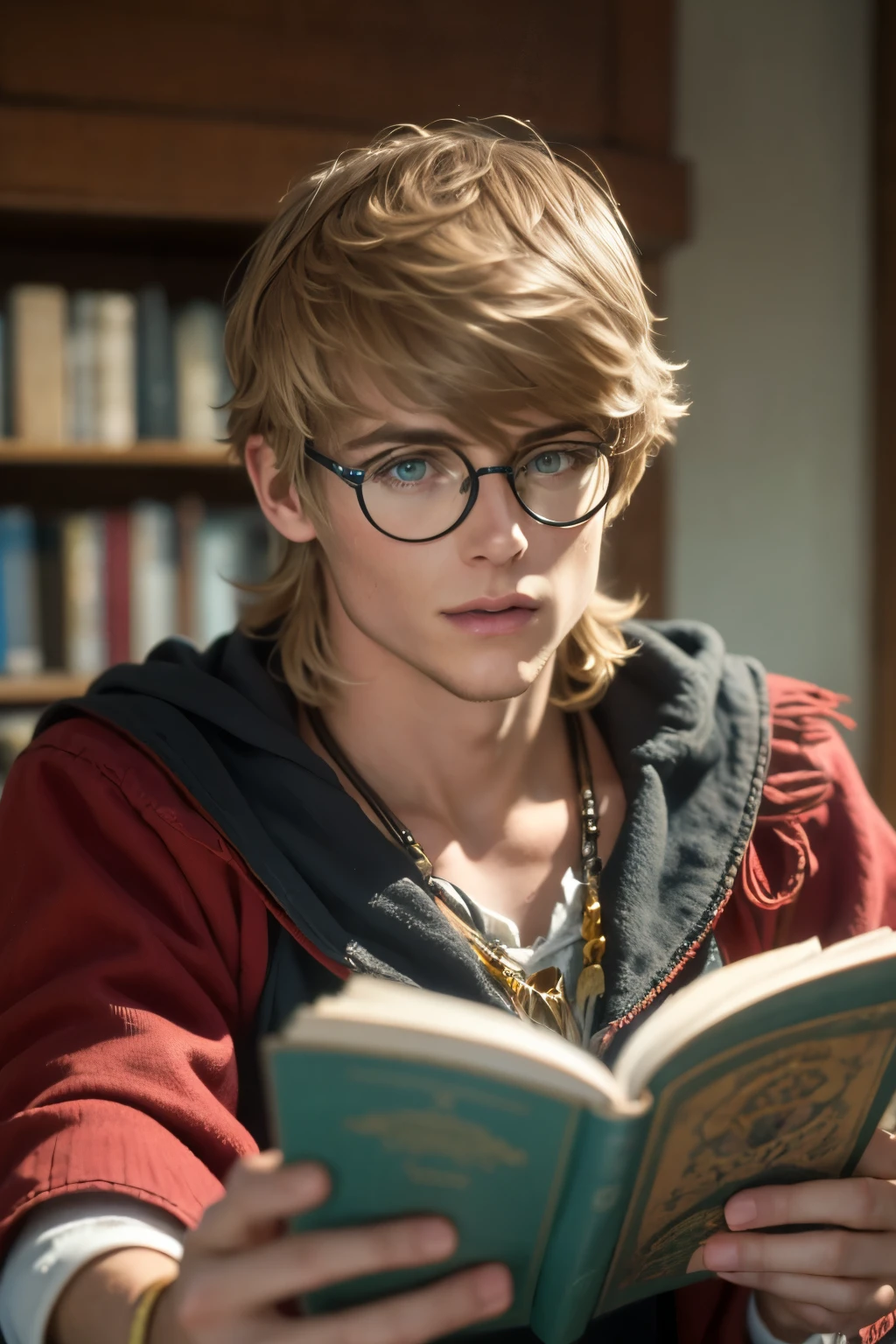 A 28-year-old man with brown hair1people((Round shaped glasses with string))Healthy tanned, smooth, young skin(Long bob cut hair dyed brown)Read the big spellbook(smooth skin thin chin and cheeks)Glowing Magic Square((large brown eyes with strong angles and hangs))glows in a wizard's room with magic tools((Relaxed fantasy outfits))Read the big spellbook